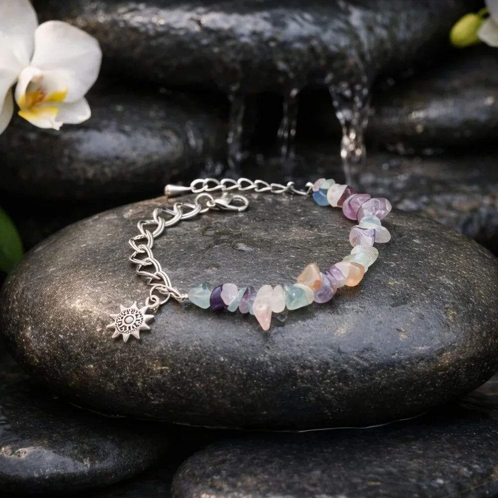 Rainbow Fluorite Silver Plated Bracelet Sun Charm Celestial Boho Crystal 7.5
